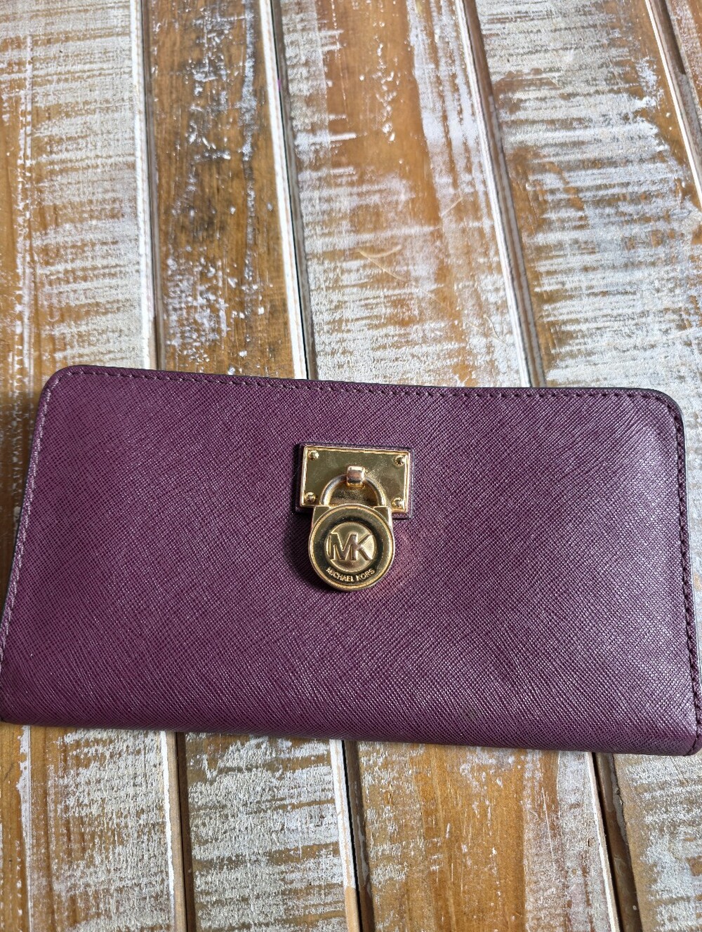 Michael Kors Plum Saffiano Zip Around Wallet with Gold Hardware